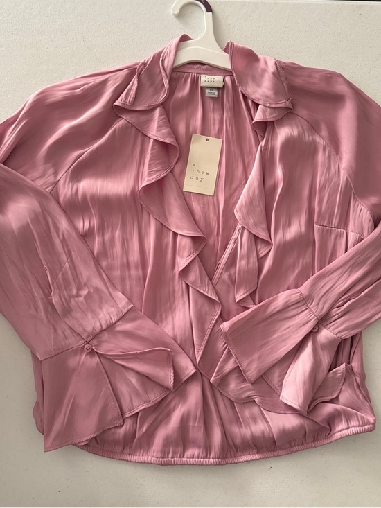 a new day Tops - a new day Rose Pink Ruffle Satin Blouse